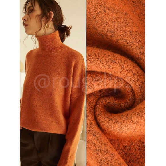 Orange Knit Turtleneck Pullover Sweater Long Sleeve Drop Shoulder - Picture 4 of 9